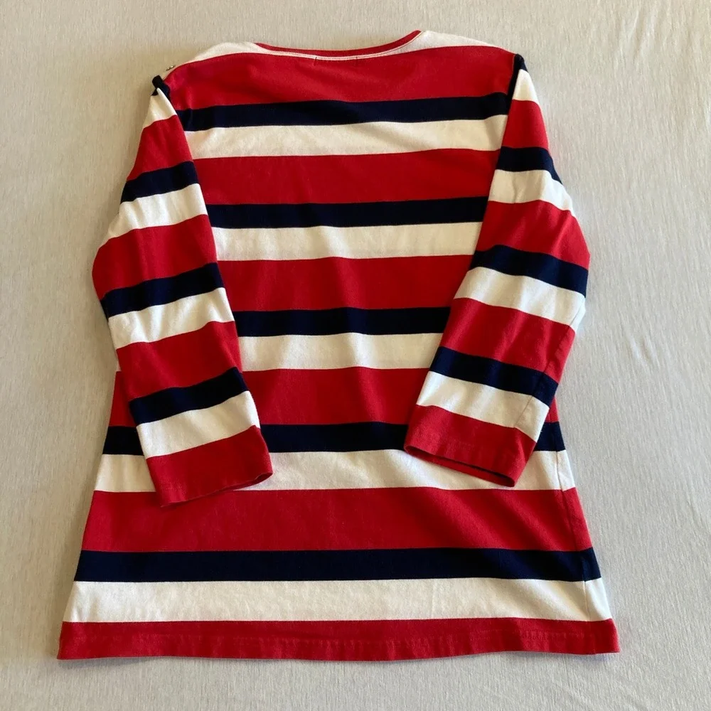 Chaps Top Womens Large Red White Navy Blue‎ Striped Button Shoulder L/S Blouse